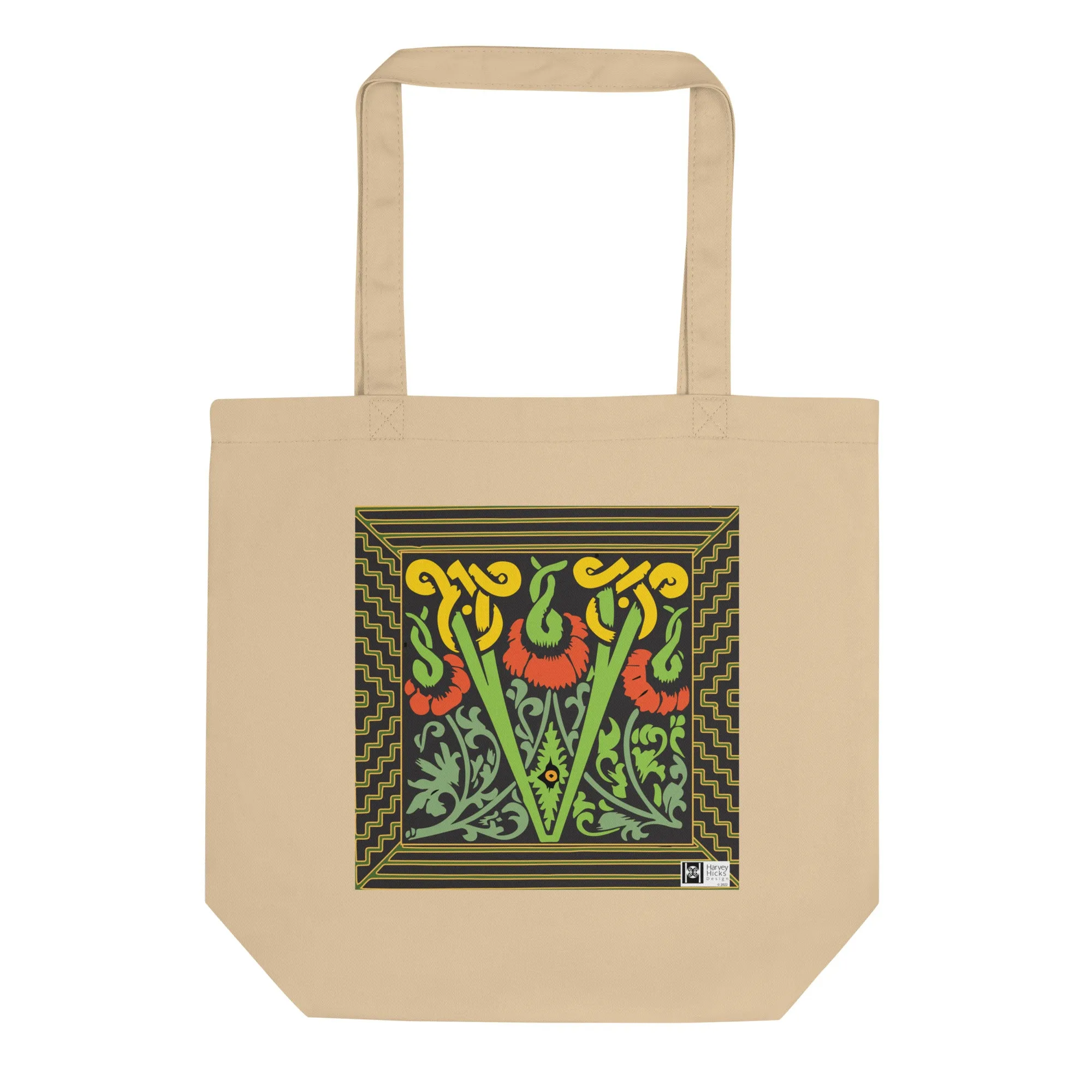 100% Organic Cotton Eco-Tote Featuring Decorative Lettering, “V”