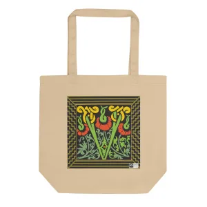 100% Organic Cotton Eco-Tote Featuring Decorative Lettering, “V”