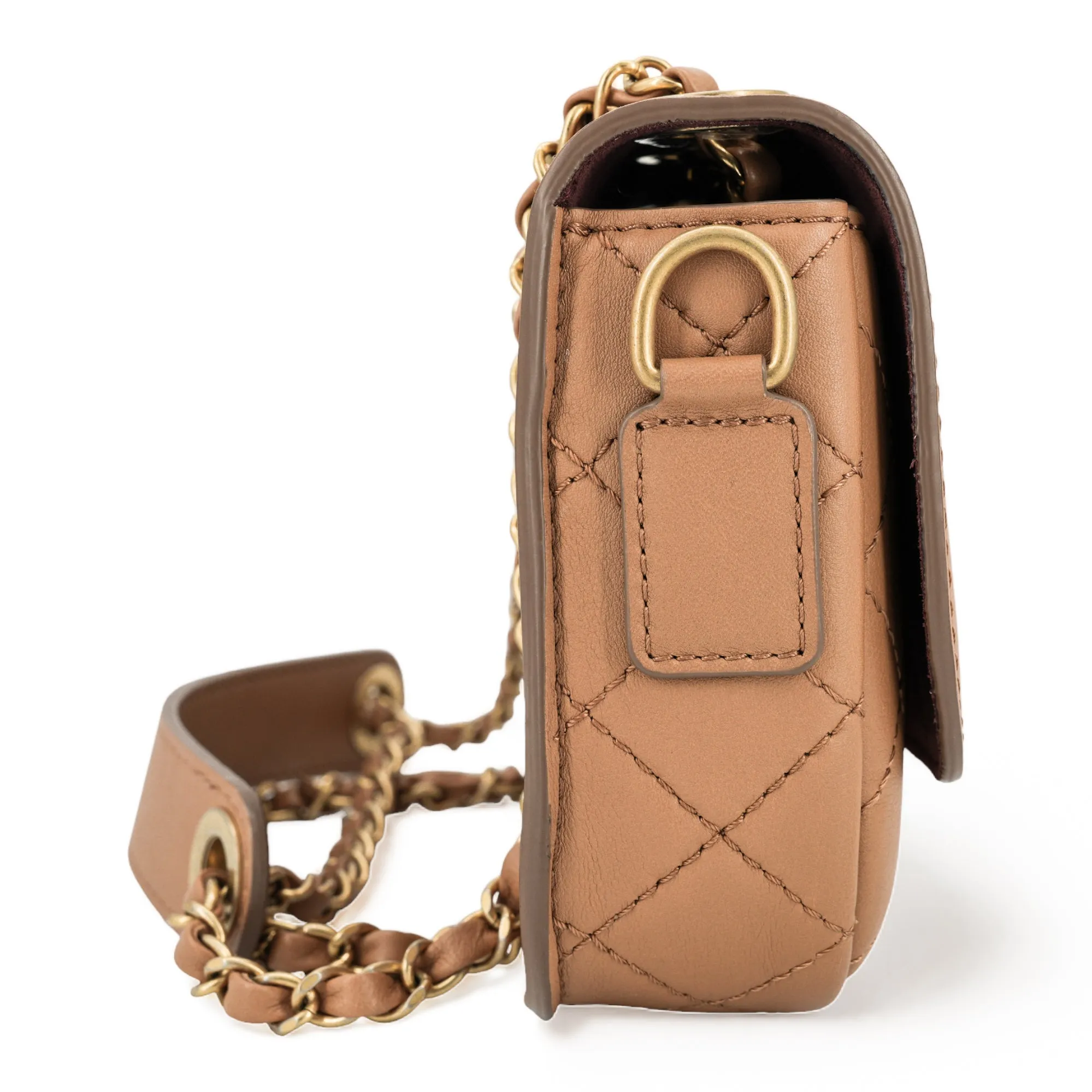 19K Caramel Calfskin Quilted Multi Pouching Flap Bag With Coin Purse