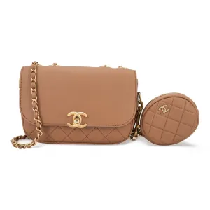 19K Caramel Calfskin Quilted Multi Pouching Flap Bag With Coin Purse