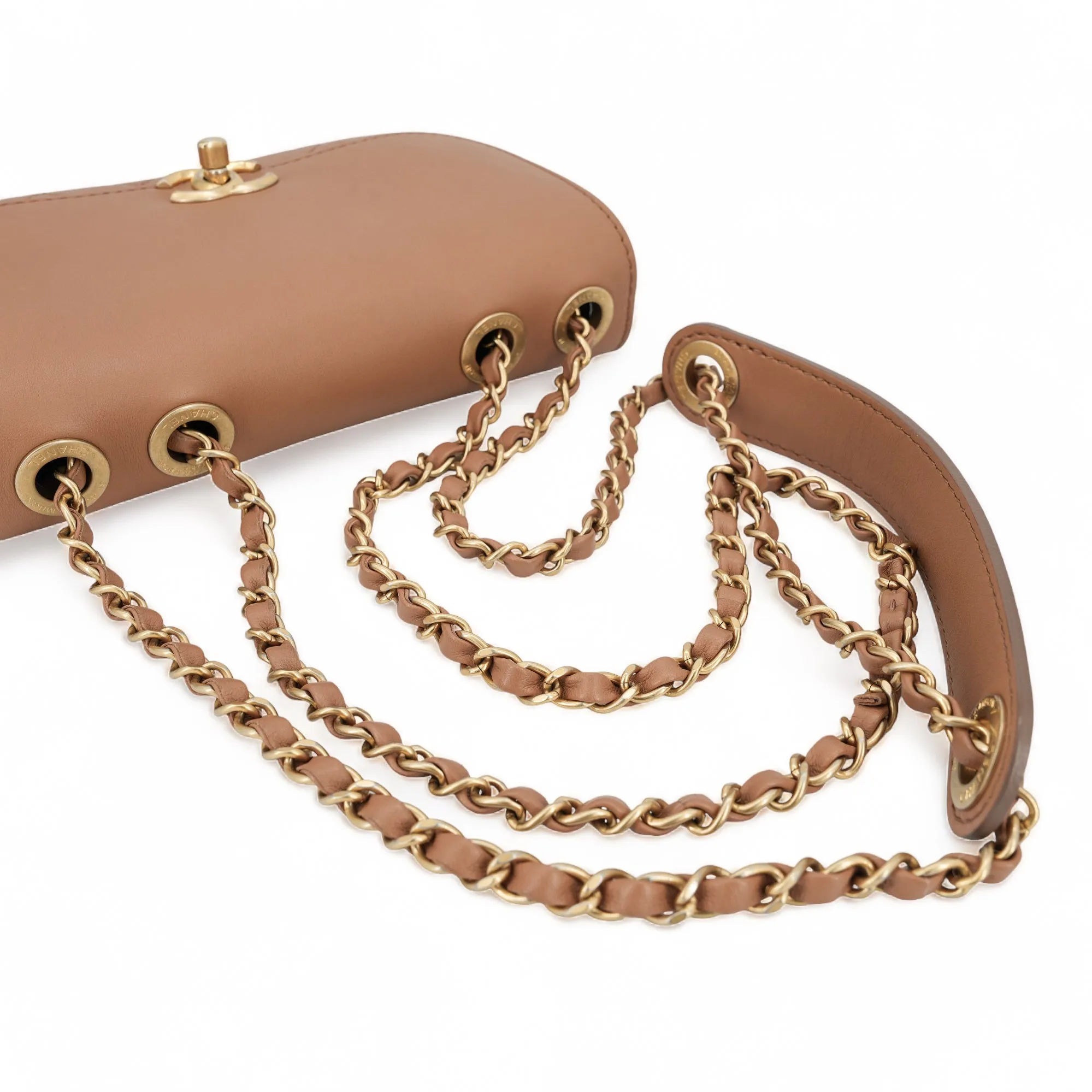 19K Caramel Calfskin Quilted Multi Pouching Flap Bag With Coin Purse