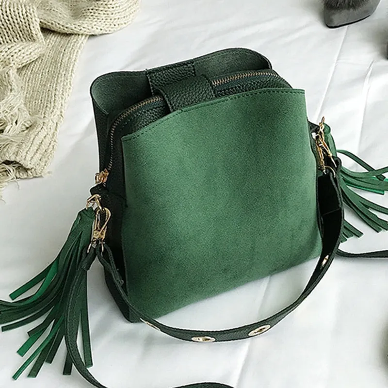 2020 New Fashion Scrub Women Bucket Bag Vintage Tassel Messenger Bag High Quality Retro Shoulder Bag Simple Crossbody Bag Tote