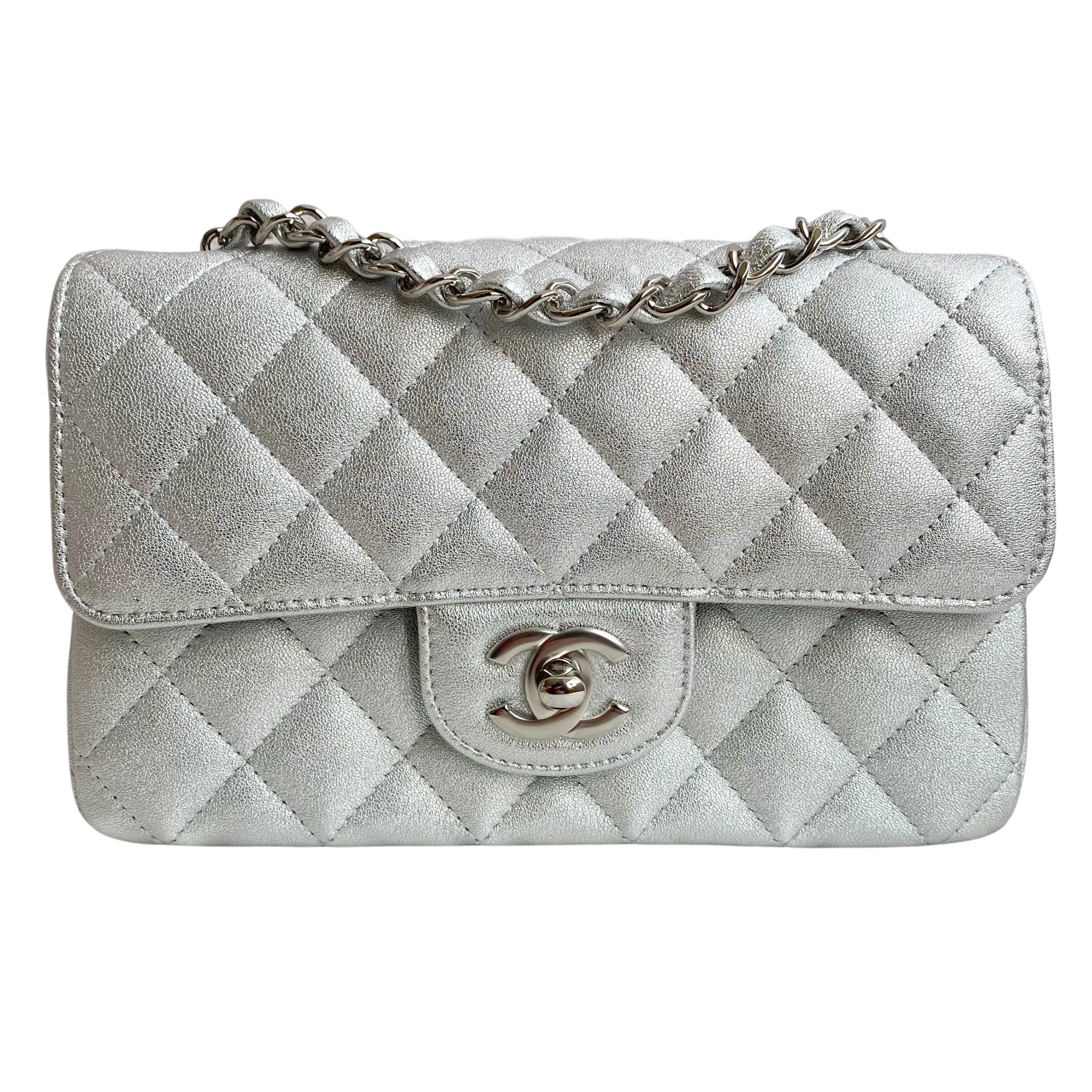21P Silver Lambskin Mini Rectangular Flap Bag