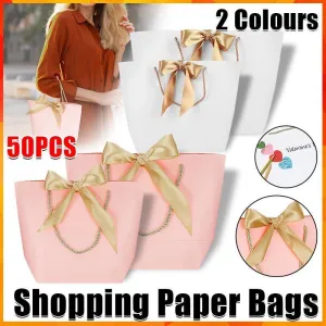50PCS Goodie Tote Bow Tie Shopping Paper Sacks Resuable Clothing Bag 14X7X15cm