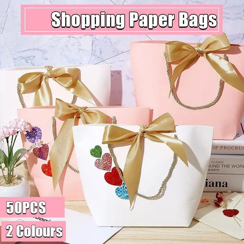 50PCS Goodie Tote Bow Tie Shopping Paper Sacks Resuable Clothing Bag 14X7X15cm