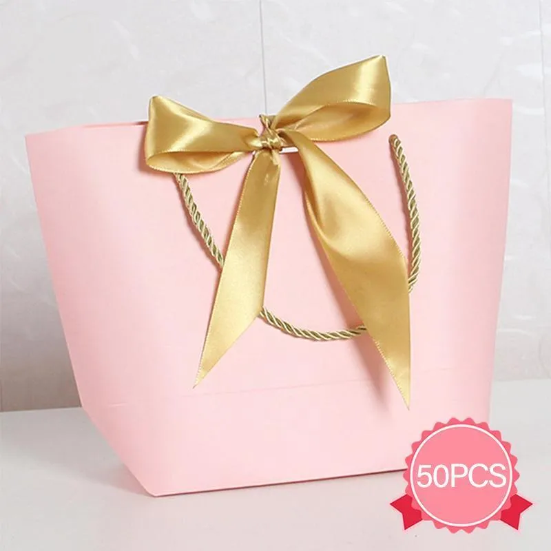 50PCS Goodie Tote Bow Tie Shopping Paper Sacks Resuable Clothing Bag 14X7X15cm