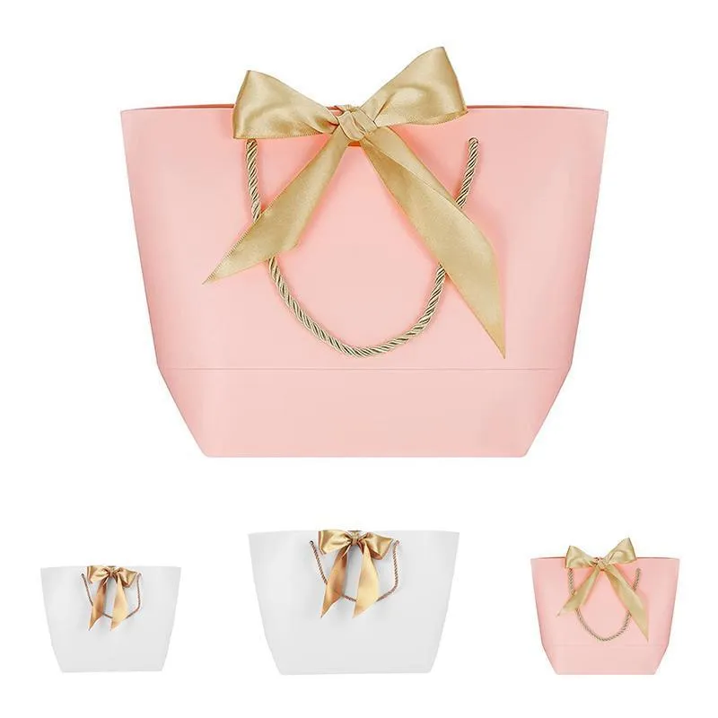 50PCS Goodie Tote Bow Tie Shopping Paper Sacks Resuable Clothing Bag 14X7X15cm