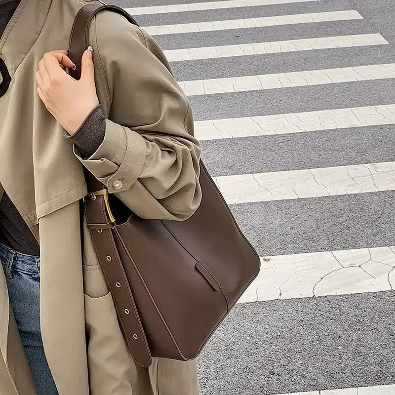 Adjustable Strap Leather Bucket Bag
