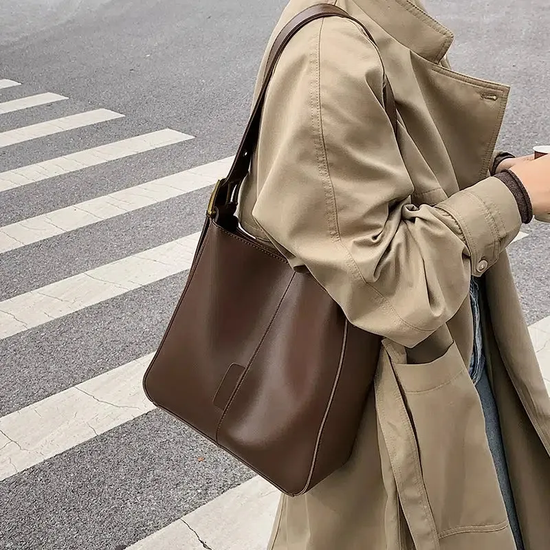 Adjustable Strap Leather Bucket Bag