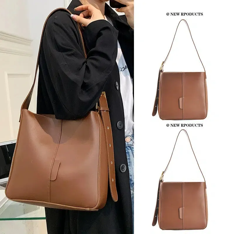 Adjustable Strap Leather Bucket Bag