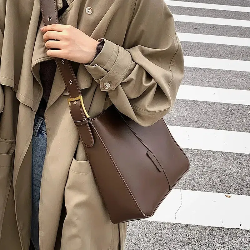 Adjustable Strap Leather Bucket Bag