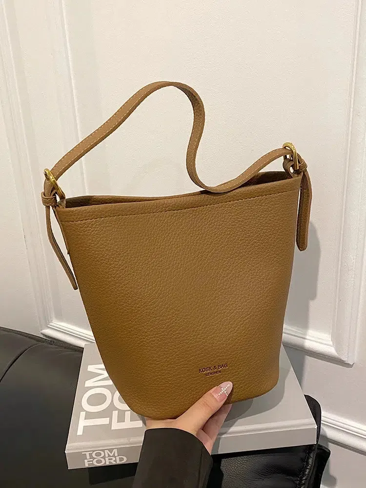 Adjustable Strap Leather Bucket Bag