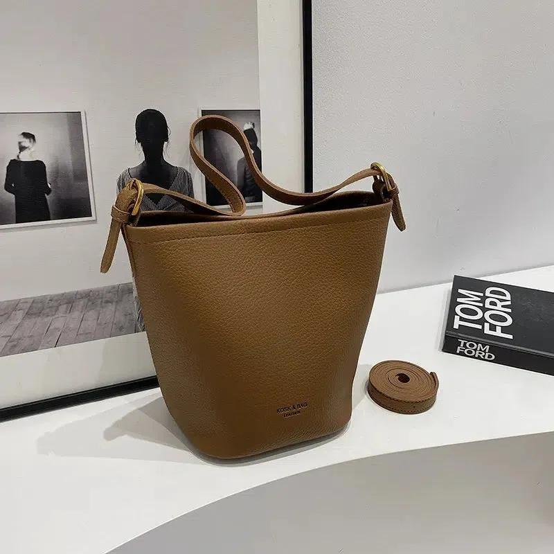 Adjustable Strap Leather Bucket Bag