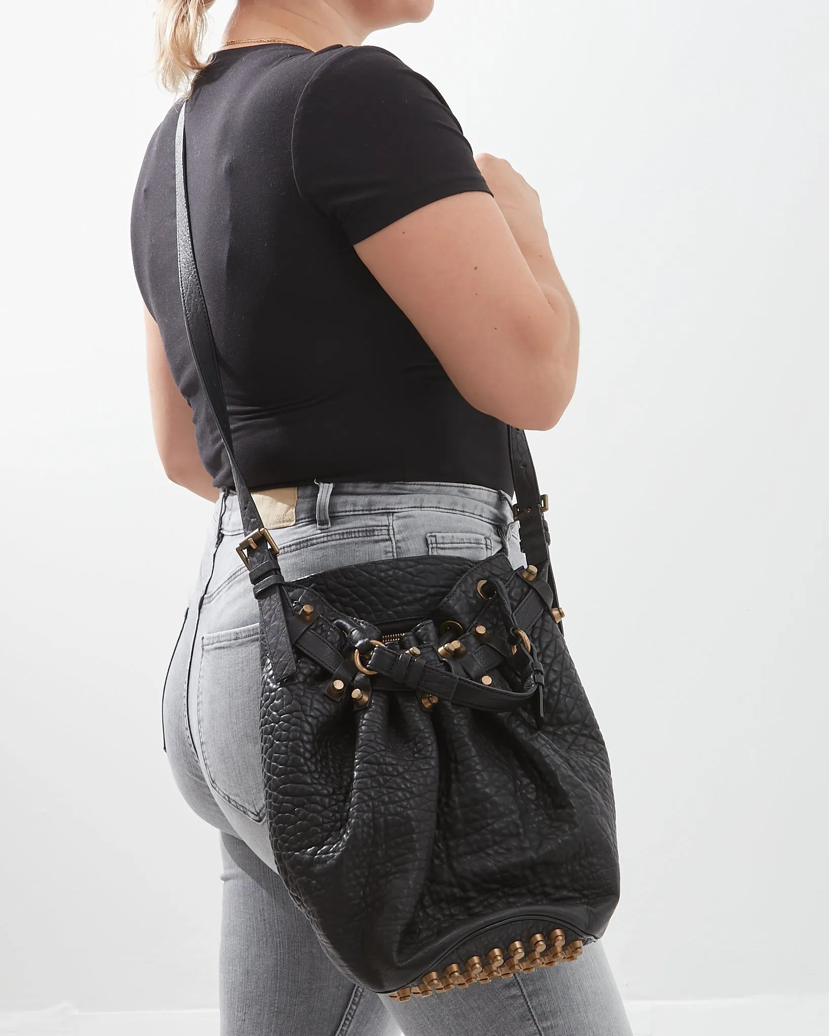 Alexander Wang Black Pebbled Leather Studded Hobo Bag