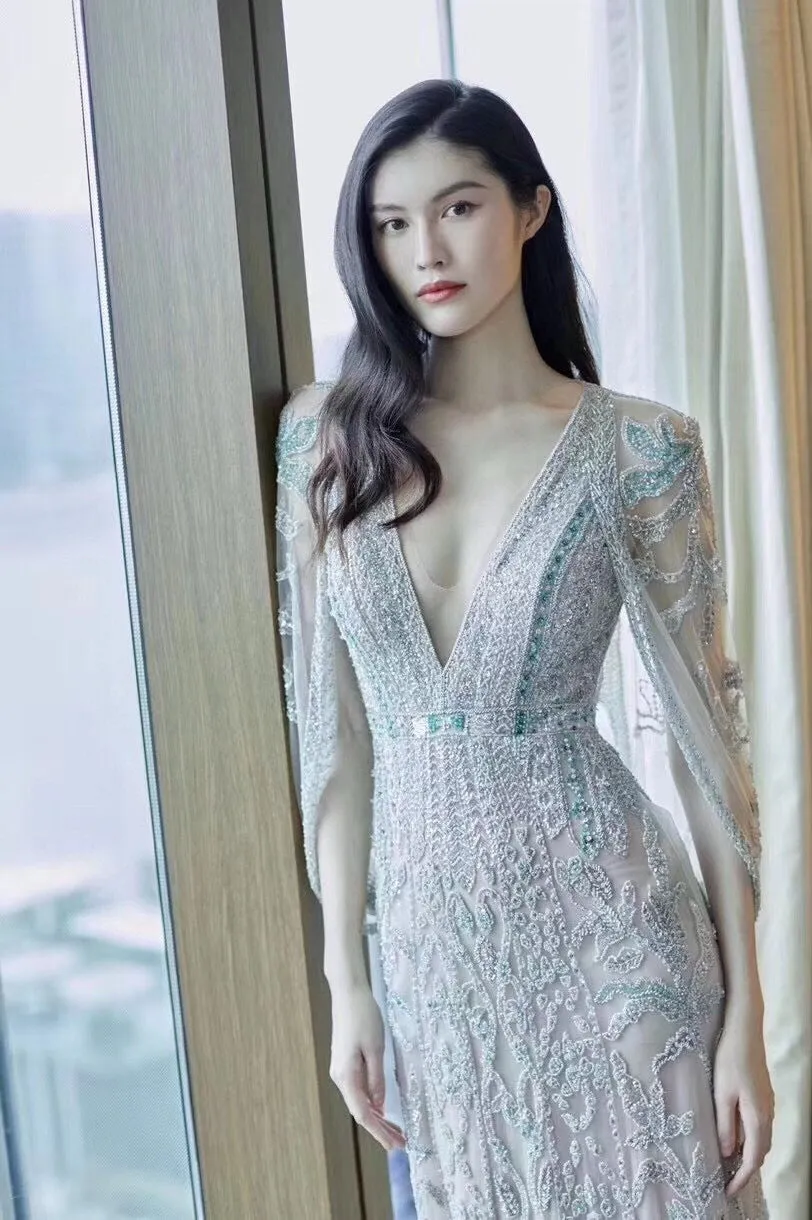Amber Green Diamond-Studded Vintage Embroidered Deep V-Back Dress