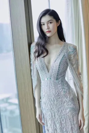 Amber Green Diamond-Studded Vintage Embroidered Deep V-Back Dress