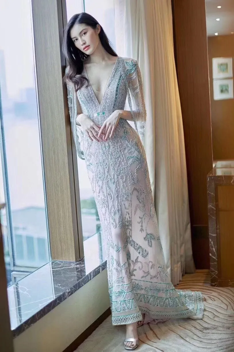 Amber Green Diamond-Studded Vintage Embroidered Deep V-Back Dress