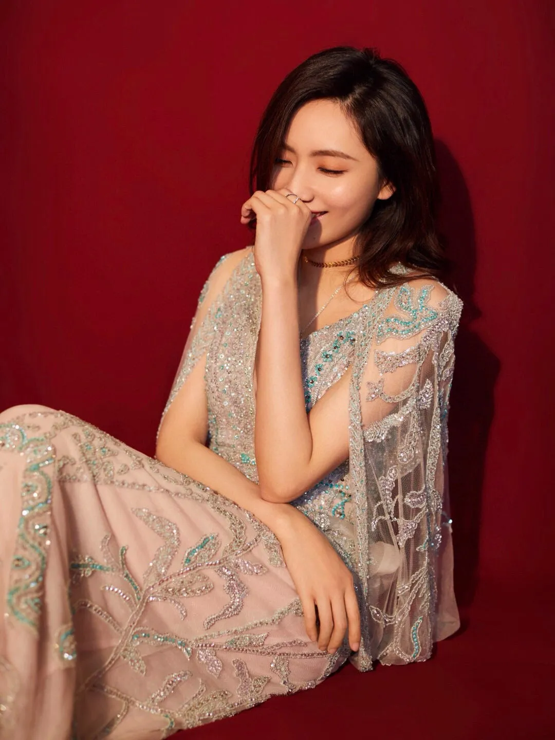 Amber Green Diamond-Studded Vintage Embroidered Deep V-Back Dress
