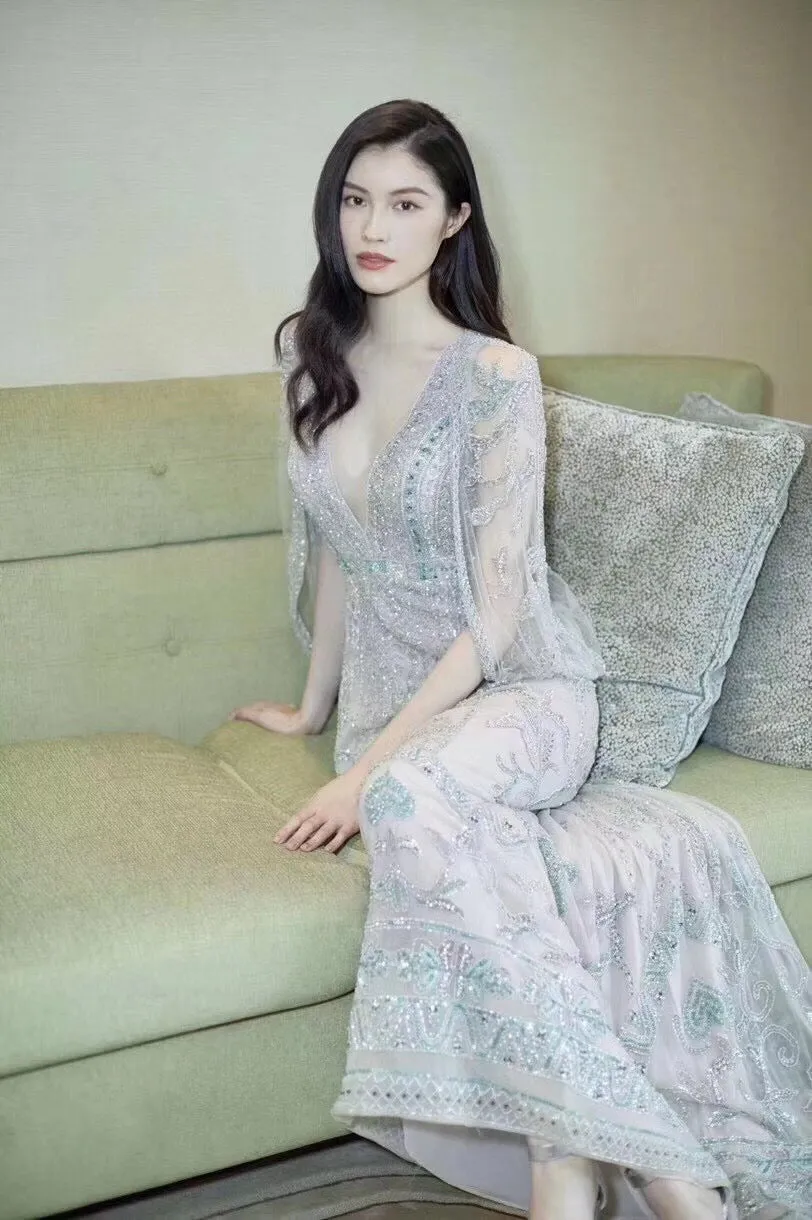 Amber Green Diamond-Studded Vintage Embroidered Deep V-Back Dress