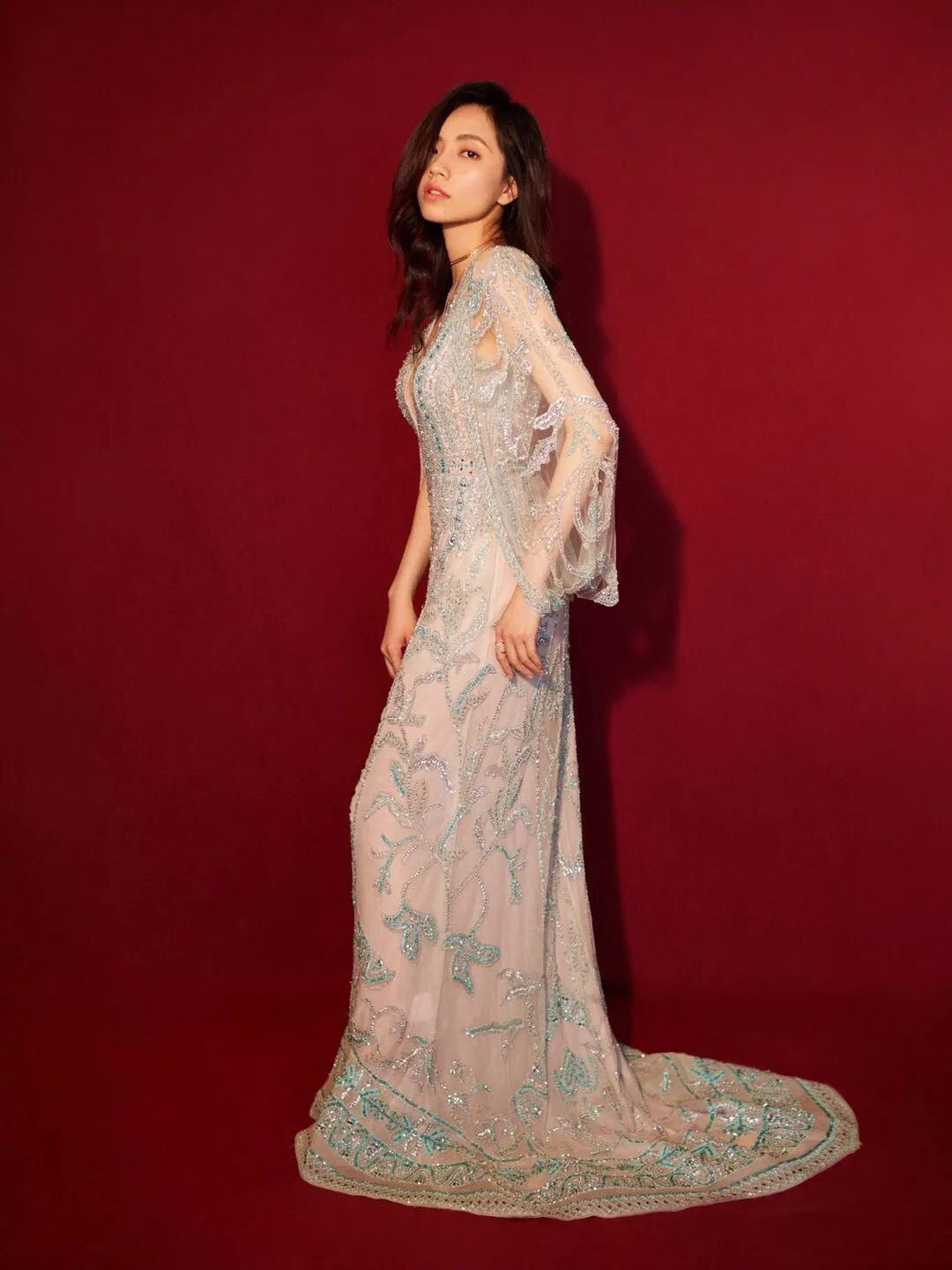 Amber Green Diamond-Studded Vintage Embroidered Deep V-Back Dress