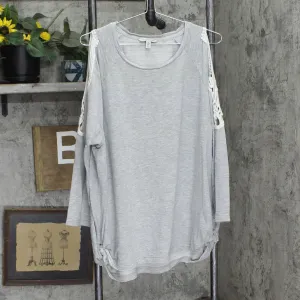 American Eagle Cold Shoulder Crochet Trim Knit French Terry Shirt Gray 2XL