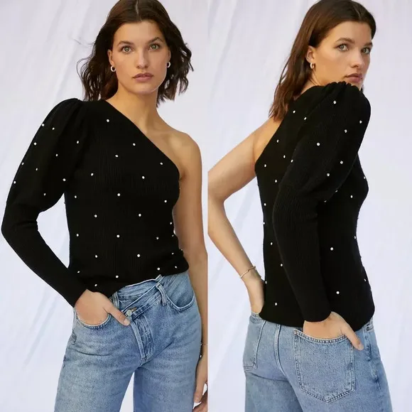 Anthropologie Studded One-Shoulder Sweater in Black Size Medium NWOT $98