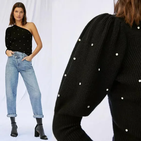Anthropologie Studded One-Shoulder Sweater in Black Size Medium NWOT $98