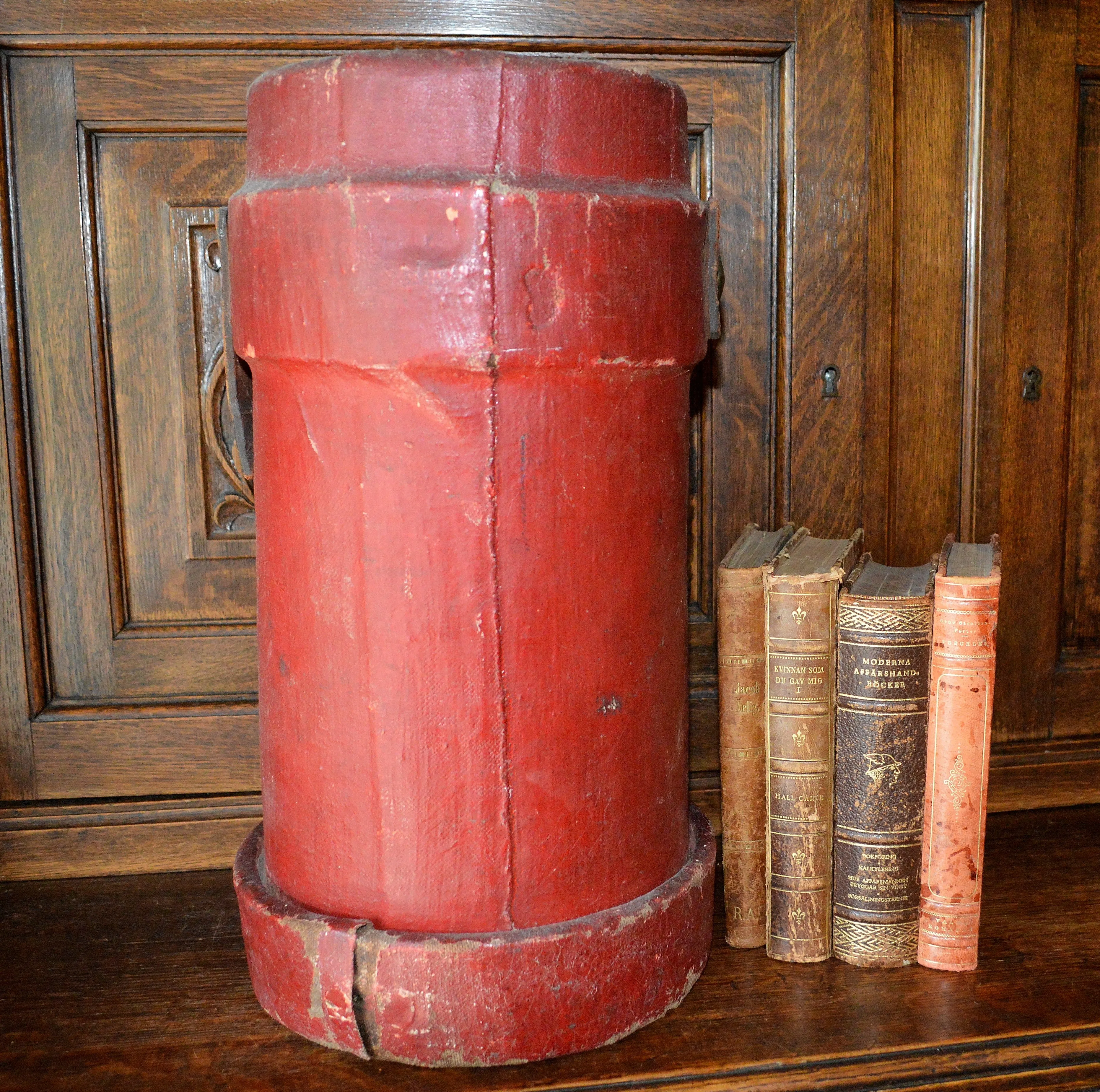 Antique Red Canvas English Fire or Cordite Bucket Coat of Arms Crest