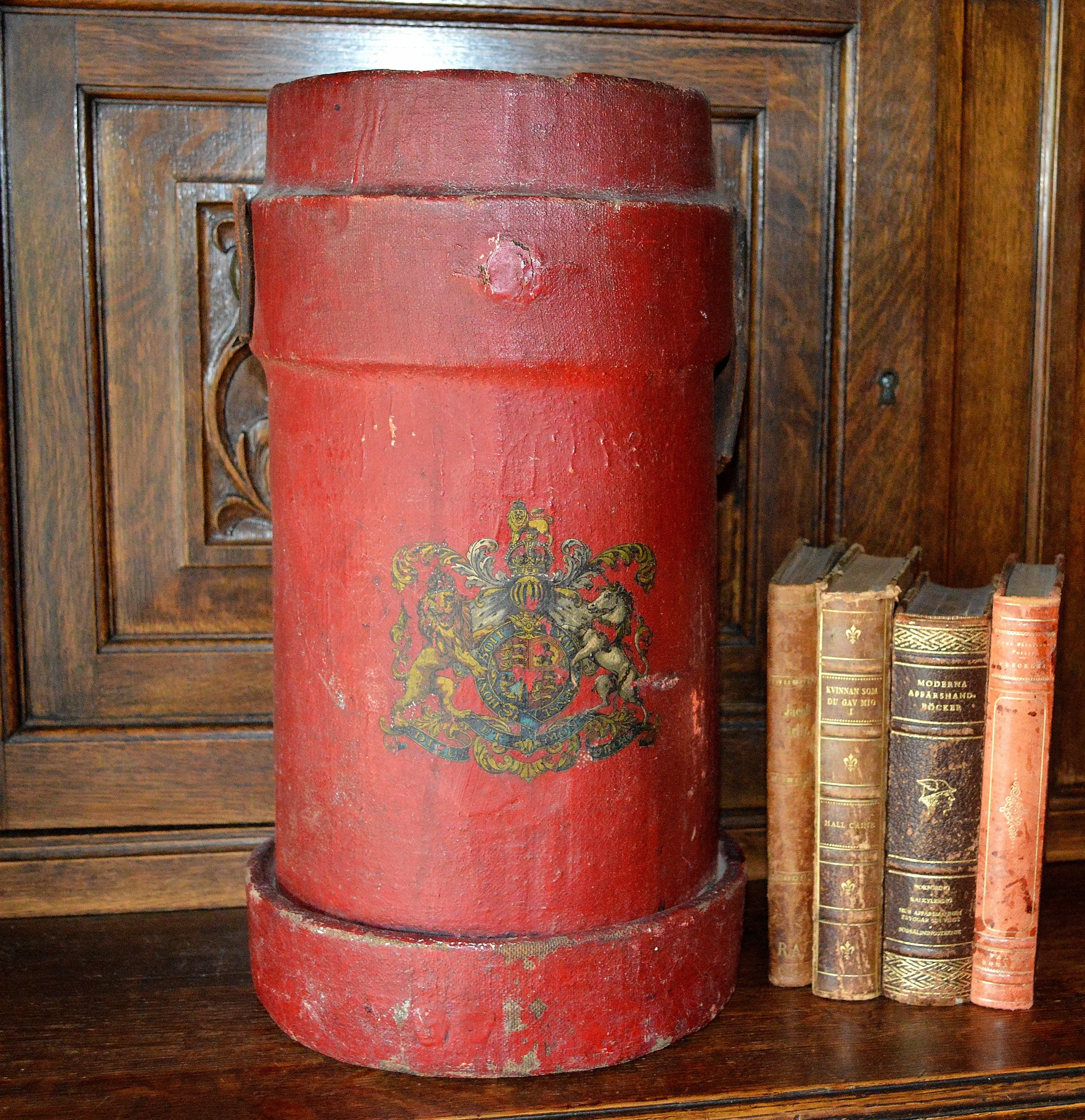 Antique Red Canvas English Fire or Cordite Bucket Coat of Arms Crest
