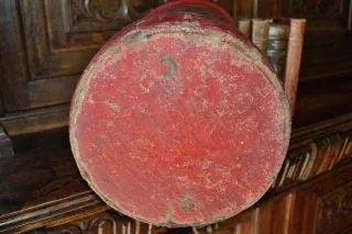 Antique Red Canvas English Fire or Cordite Bucket Coat of Arms Crest