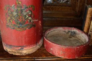 Antique Red Canvas English Fire or Cordite Bucket Coat of Arms Crest