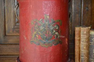 Antique Red Canvas English Fire or Cordite Bucket Coat of Arms Crest