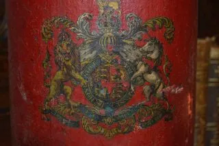Antique Red Canvas English Fire or Cordite Bucket Coat of Arms Crest