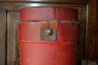 Antique Red Canvas English Fire or Cordite Bucket Coat of Arms Crest