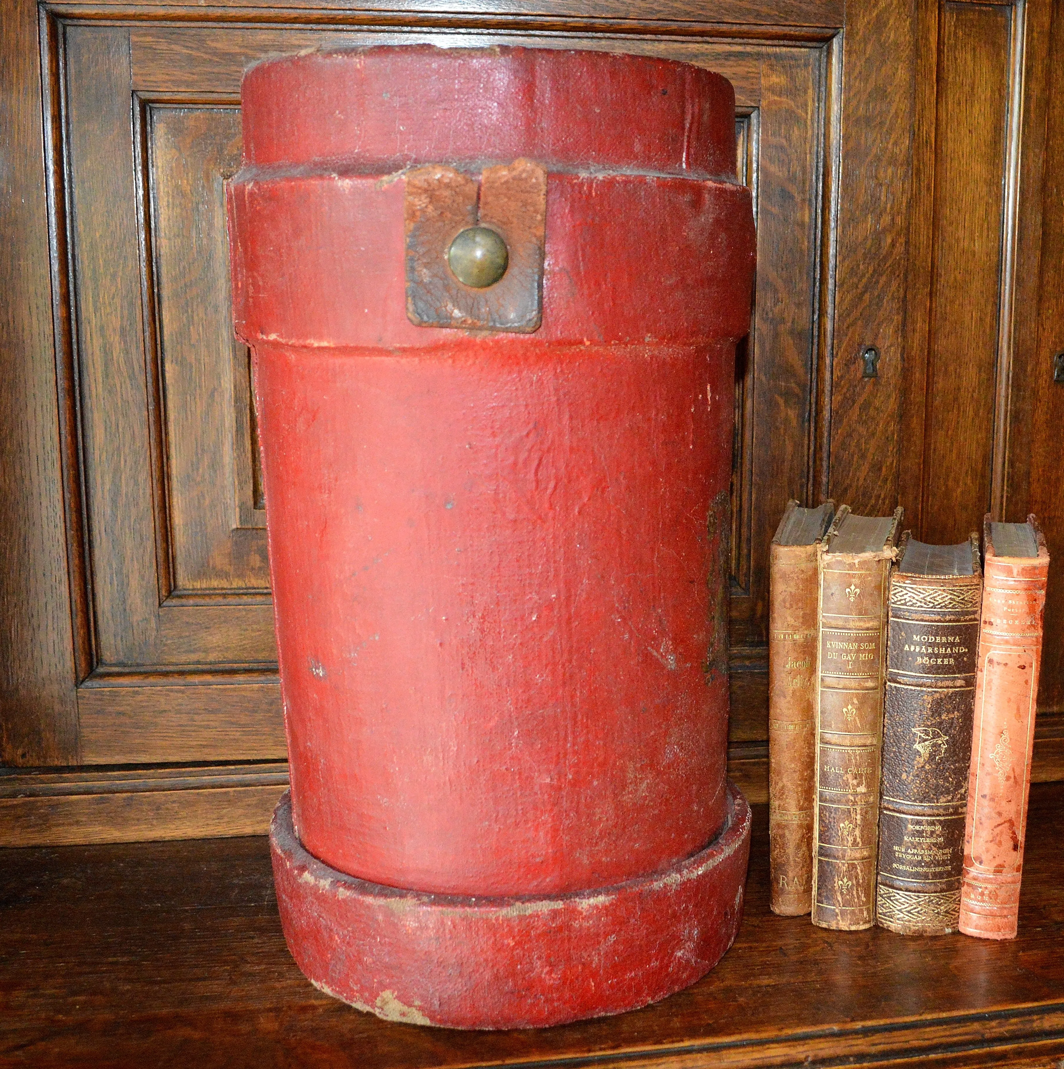 Antique Red Canvas English Fire or Cordite Bucket Coat of Arms Crest