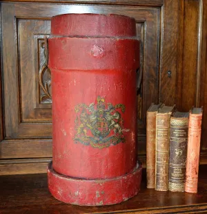 Antique Red Canvas English Fire or Cordite Bucket Coat of Arms Crest