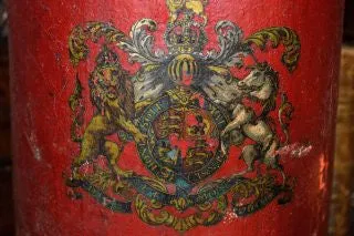 Antique Red Canvas English Fire or Cordite Bucket Coat of Arms Crest