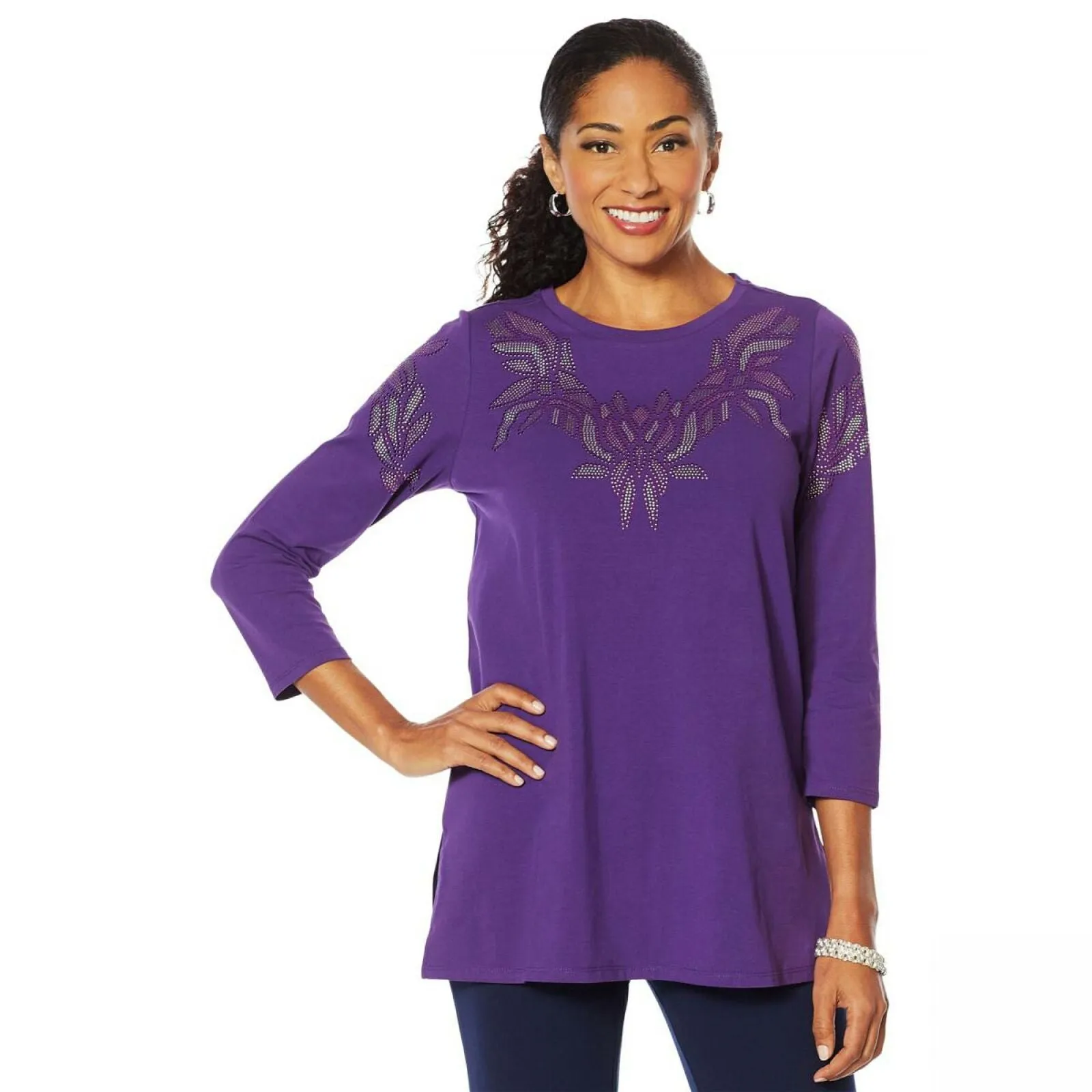 Antthony Women's Artsy Collection Embellished T-Shirt Aubergine Medium