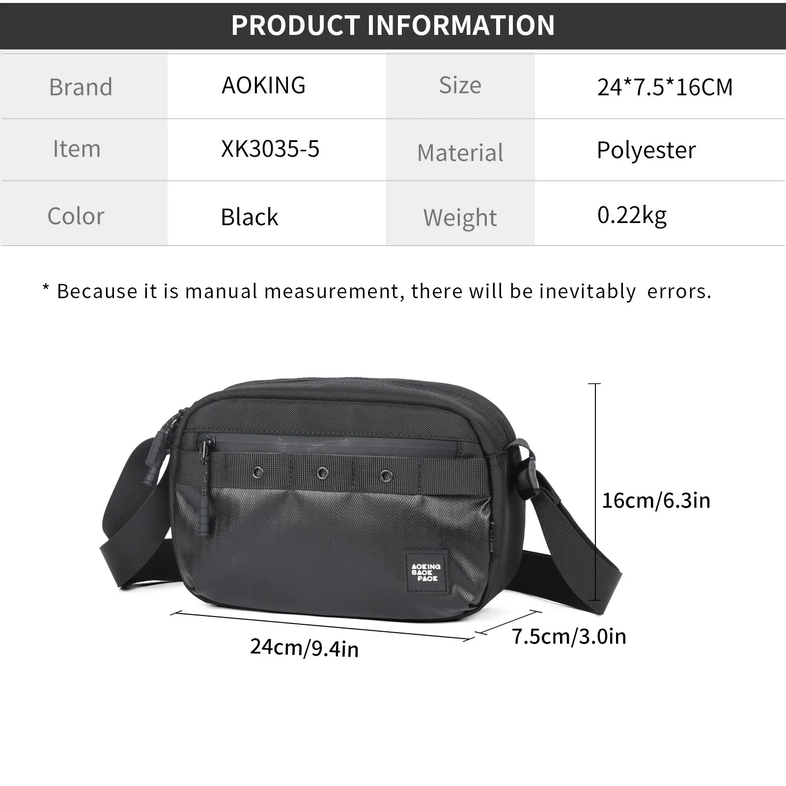 Aoking Black Fashion Men Waterproof Crossbody Sling Bag XK3035-5