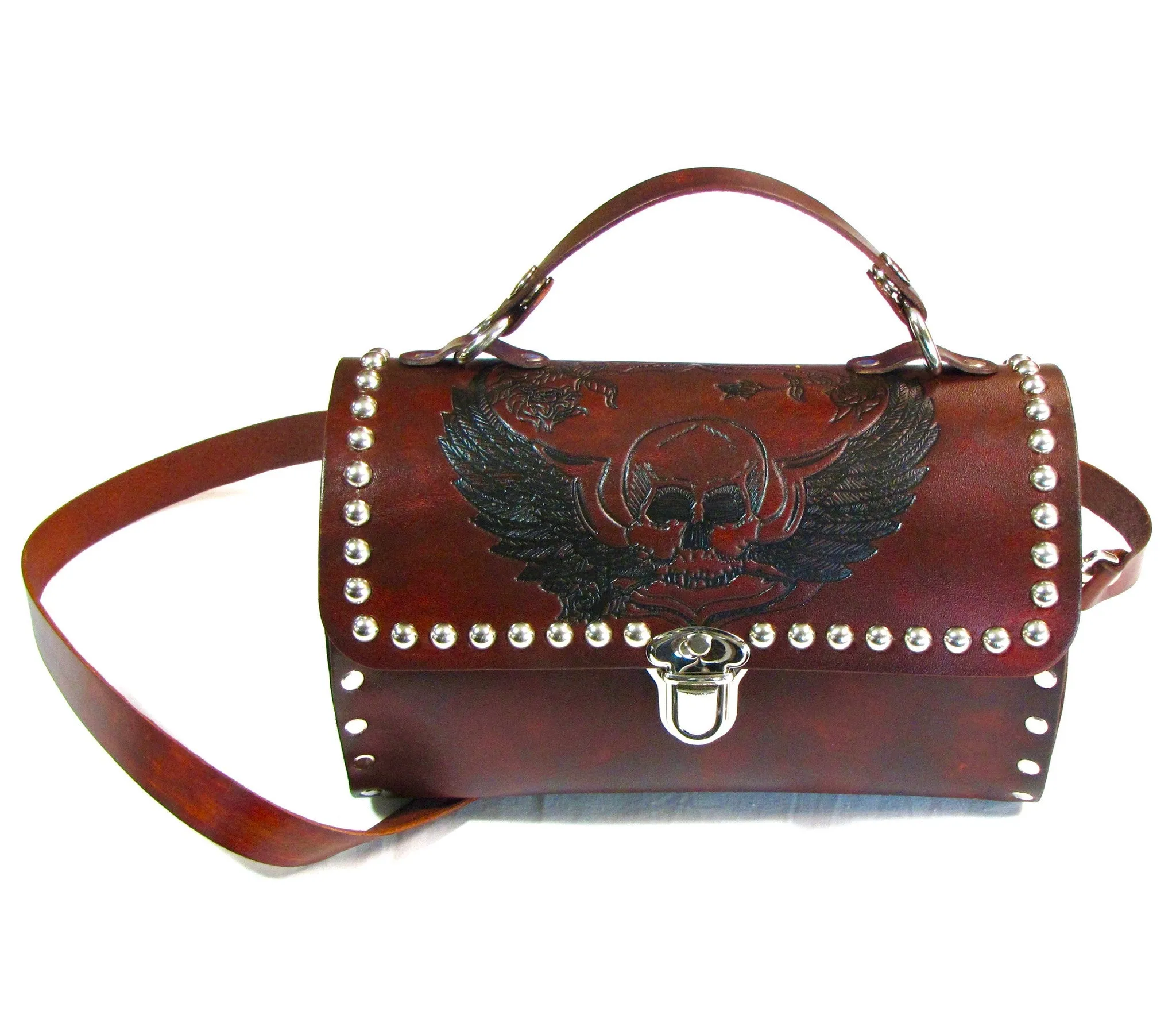 AP625  Antique Finish Studded Barrel Bag- Skull w/ Wings