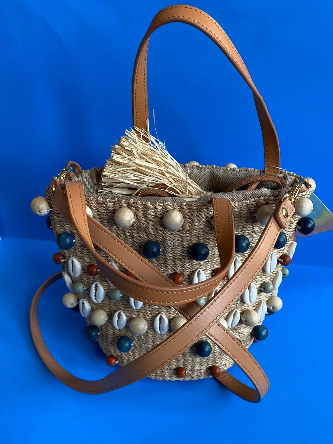 ARANAZ Wicker Mini Bucket Bag with Shells and Beads