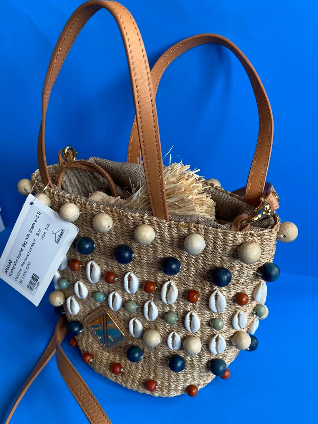 ARANAZ Wicker Mini Bucket Bag with Shells and Beads