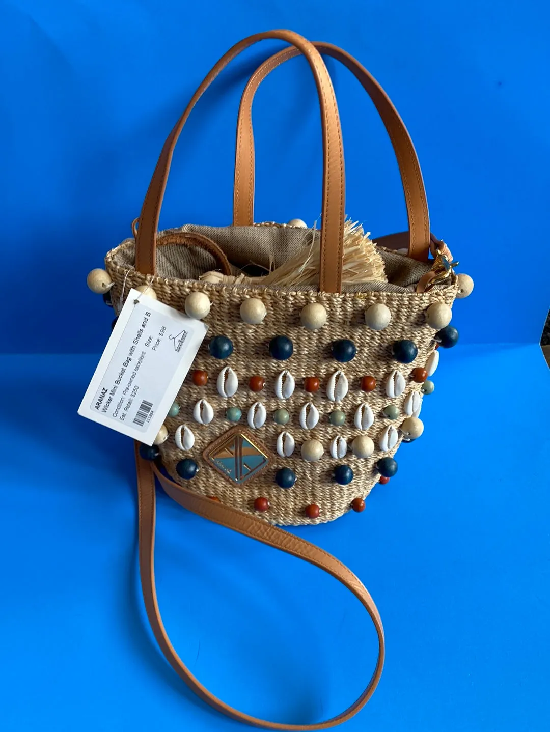 ARANAZ Wicker Mini Bucket Bag with Shells and Beads