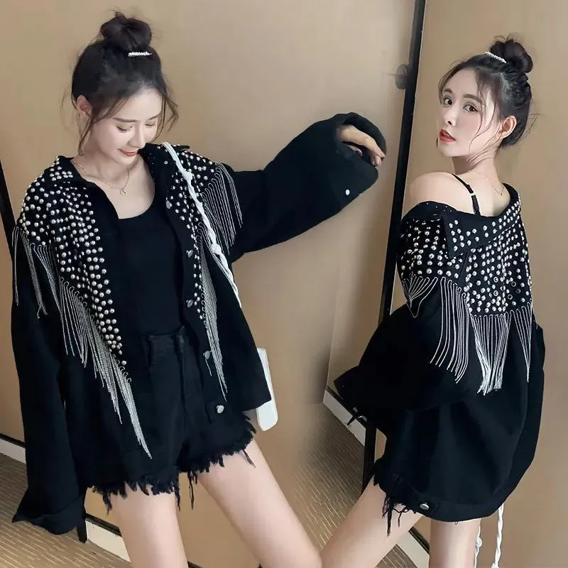 Autumn Streetwear Denim Jacket Women Hand-studded Rivet Tassel Chain Short Jeans Jacket Loose Black Coats
