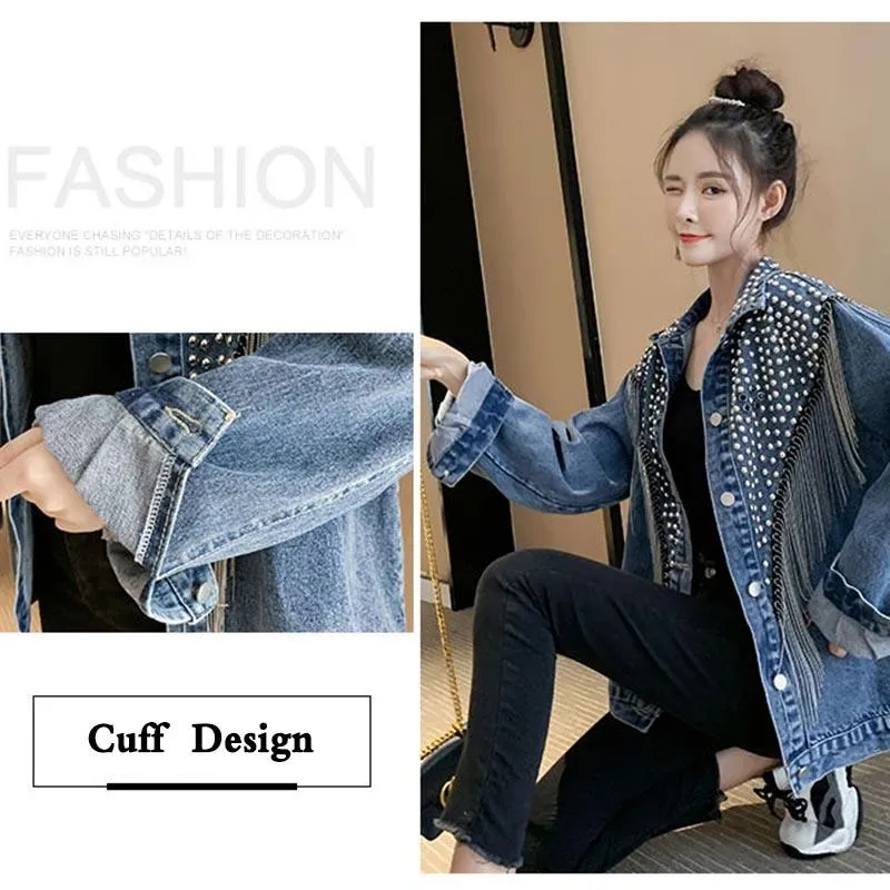 Autumn Streetwear Denim Jacket Women Hand-studded Rivet Tassel Chain Short Jeans Jacket Loose Black Coats