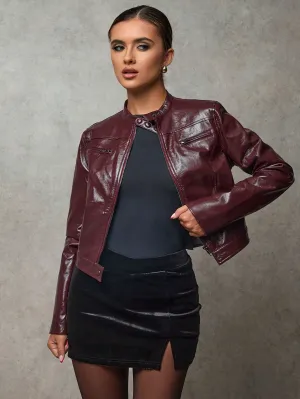 BAE Women Jackets Burgundy Winter Leather Women Jacket Women Coat Fall Women Outfits Zipper Decorated Texture Vintage Burgundy PU Women's Jacket Winter Thickened Warm Jacket Cropped Leather Jacket