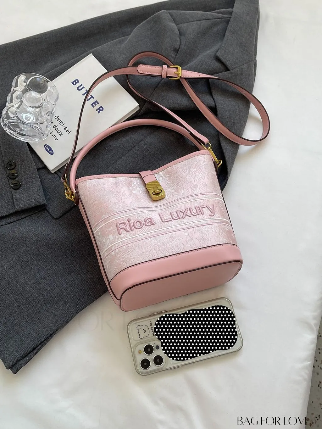 BagForLove - Stylish Pink Embroidered Barrel Handbag - Womens Fashion Accessory