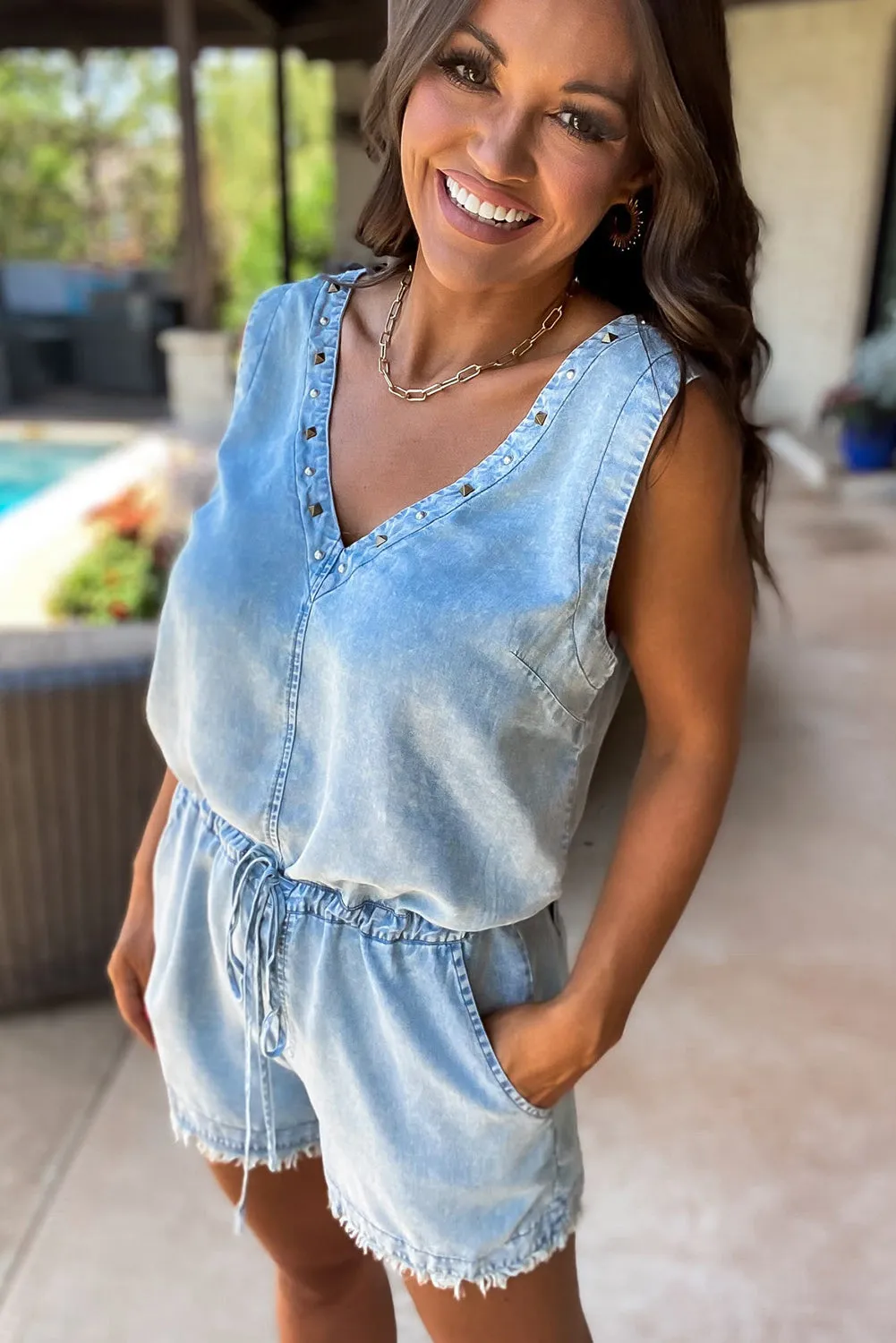 Beau Blue Stud V Neck Sleeveless Raw Hem Denim Romper