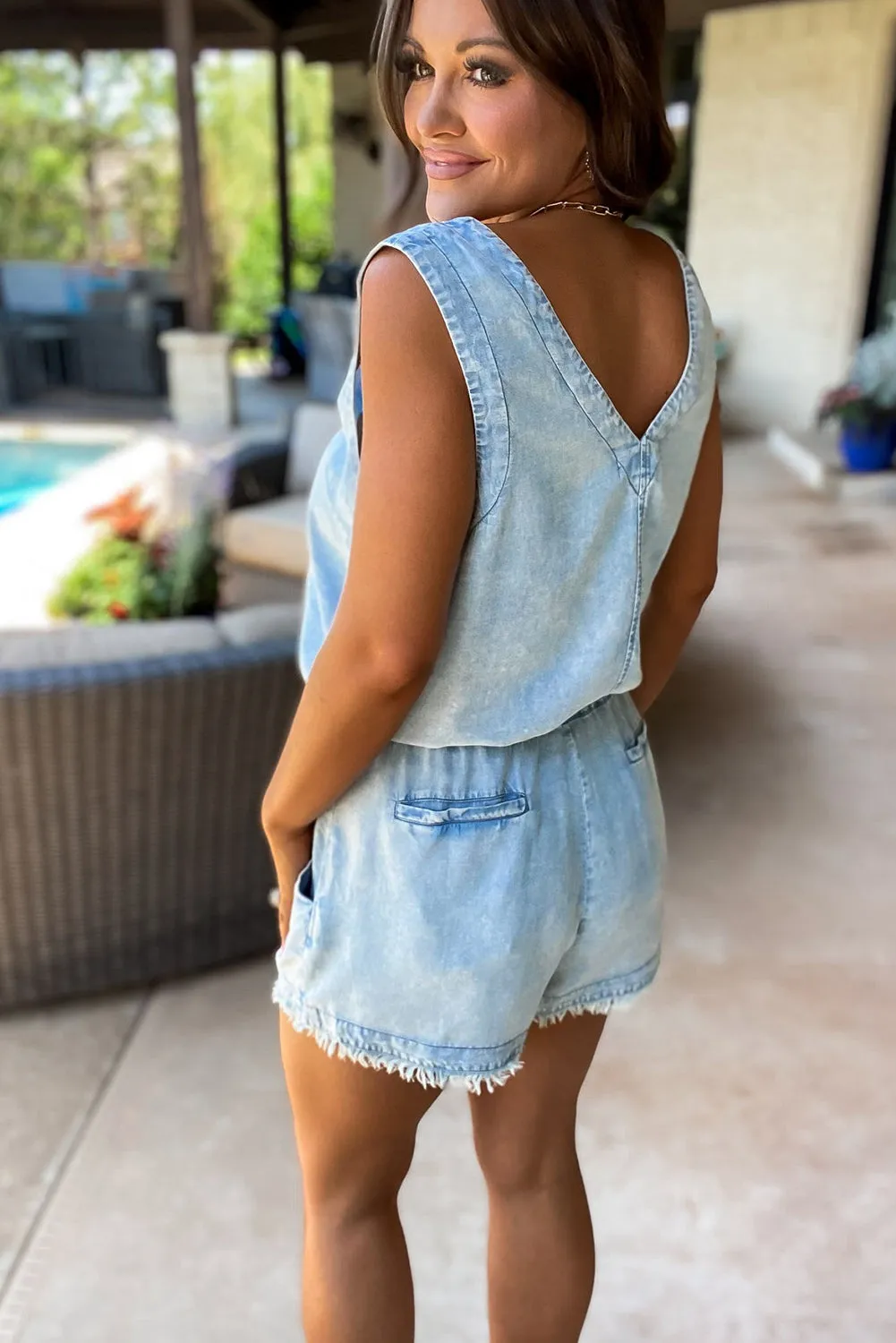 Beau Blue Stud V Neck Sleeveless Raw Hem Denim Romper