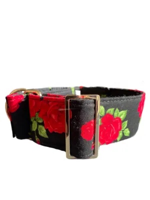 Beautiful red roses on black Martingale collar greyhound 5cms super soft cotton fabric